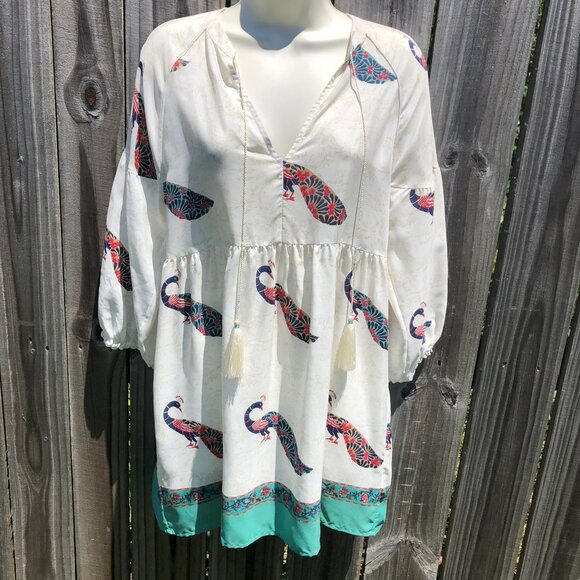 Roller Rabbit Small Silk Blouse Top Shirt Peacock Tassel V Neck Roberta Tunic - Picture 2 of 9